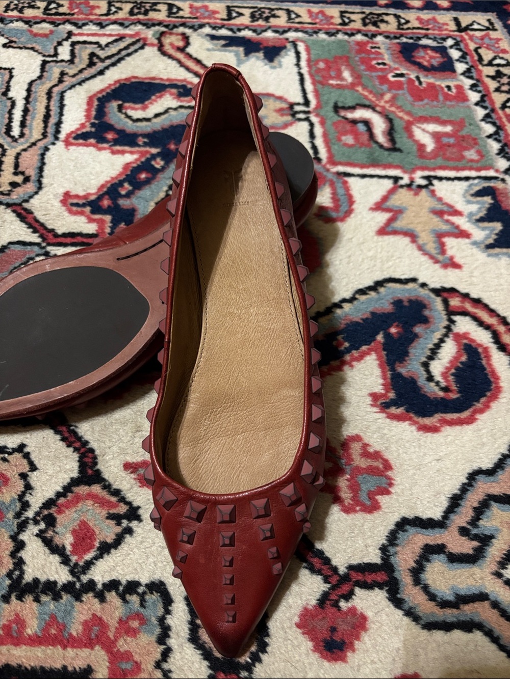 Frye Burgundy Studded Pointed Leather Flats - Picture 2 of 6